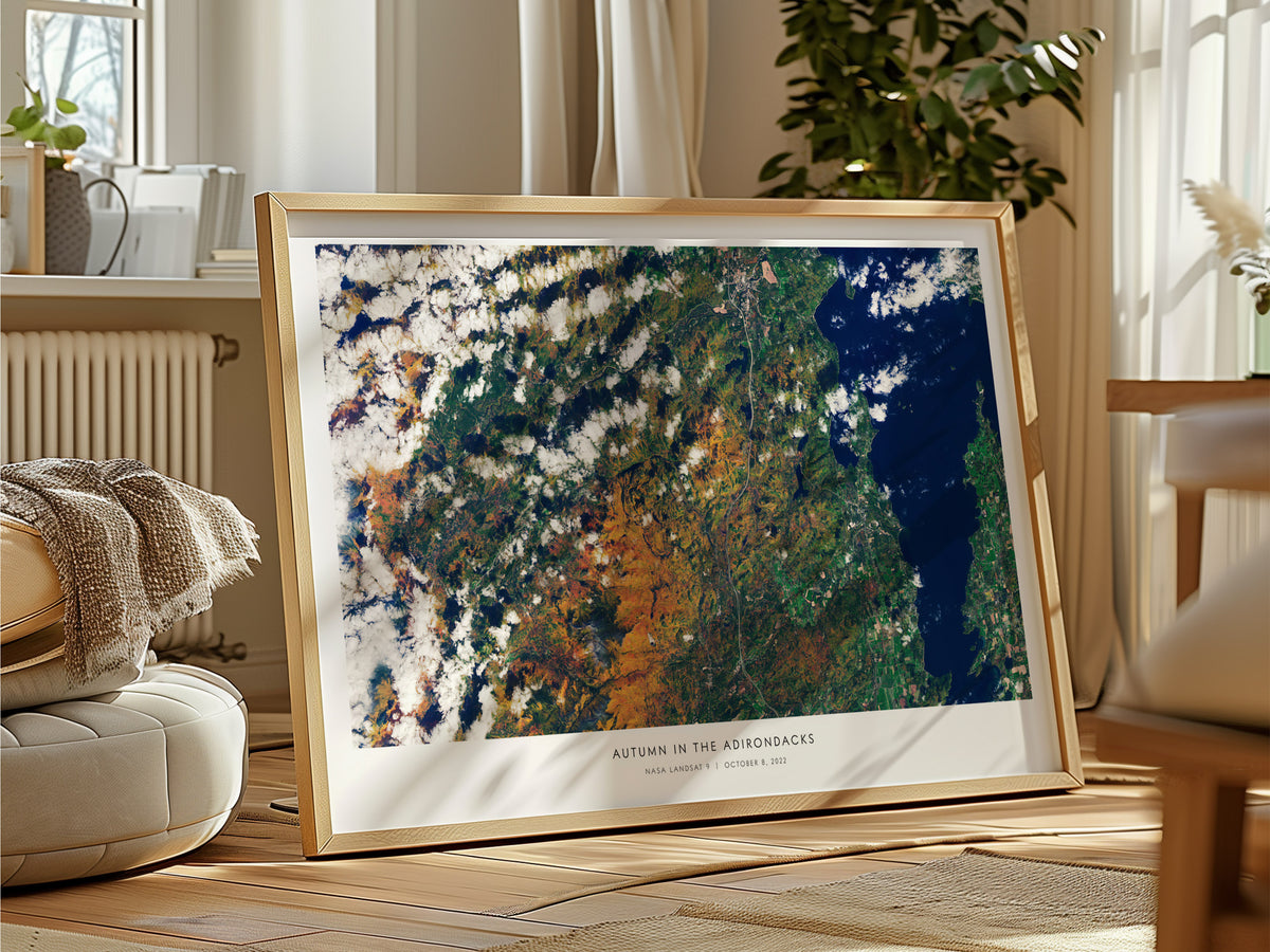 Autumn In the Adirondacks Landscape Poster | NASA Landsat 9 Astronomy Print Space Photography Wall Art — framed and ready to