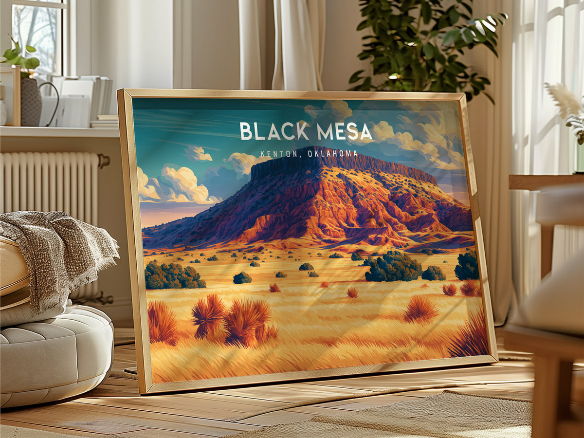 Black Mesa Landscape Poster | Kenton, Oklahoma Framed or Unframed Travel Wall Art — framed and ready to hang