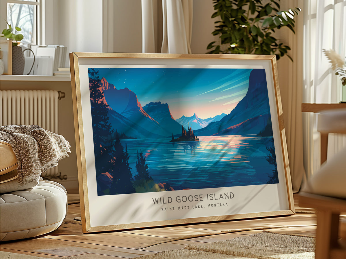 Wild Goose Island Landscape Matte Border Poster | Saint Mary Lake, Montana Destination Print — framed and ready to hang