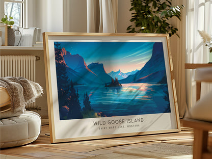Wild Goose Island Landscape Matte Border Poster | Saint Mary Lake, Montana Destination Print — framed and ready to hang