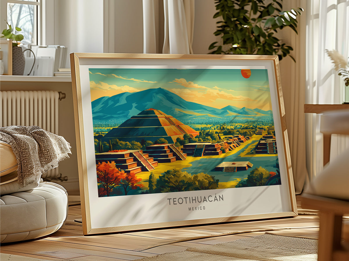 Teotihuacán Landscape Matte Border Poster | Mexico Ancient Ruins Framed or Unframed Travel Gift — framed and ready to hang