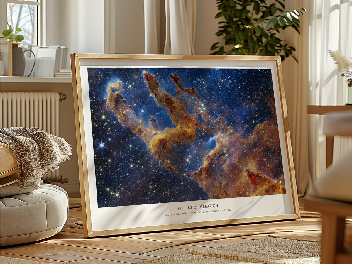 Pillars of Creation Landscape Poster | NASA Eagle Nebula (M16) JWST Poster Space Photography Wall Art — framed and ready to h