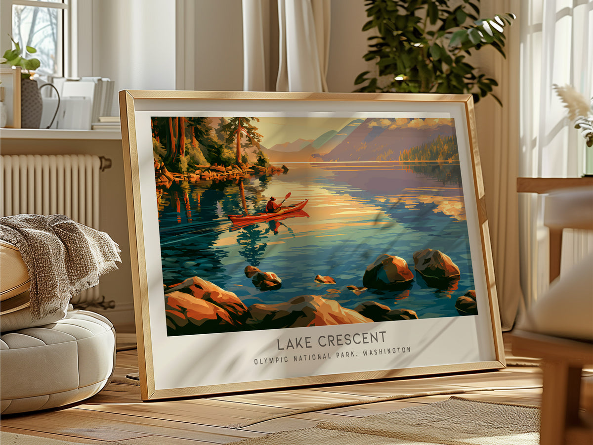 Lake Crescent Landscape Matte Border Poster | Olympic National Park, Washington Travel Wall Art — framed and ready to hang