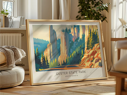Custer State Park Landscape Matte Border Poster | South Dakota Needles Highway Destination Print — framed and ready to hang