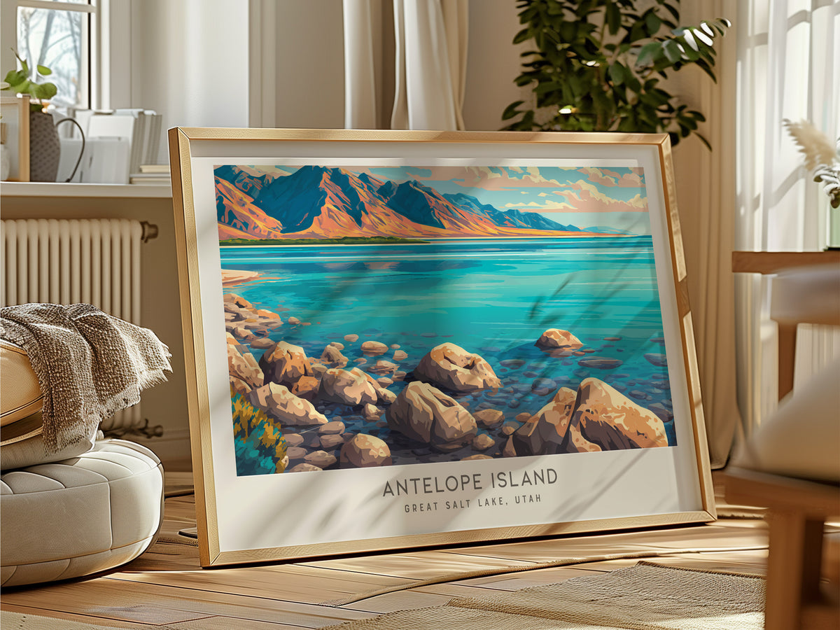 Antelope Island Landscape Matte Border Poster | Great Salt Lake, Utah Destination Print — framed and ready to hang