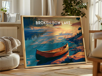 Broken Bow Lake, Oklahoma Landscape Poster | Lakeside Cabin & Pines Vacation Wall Art — framed and ready to hang
