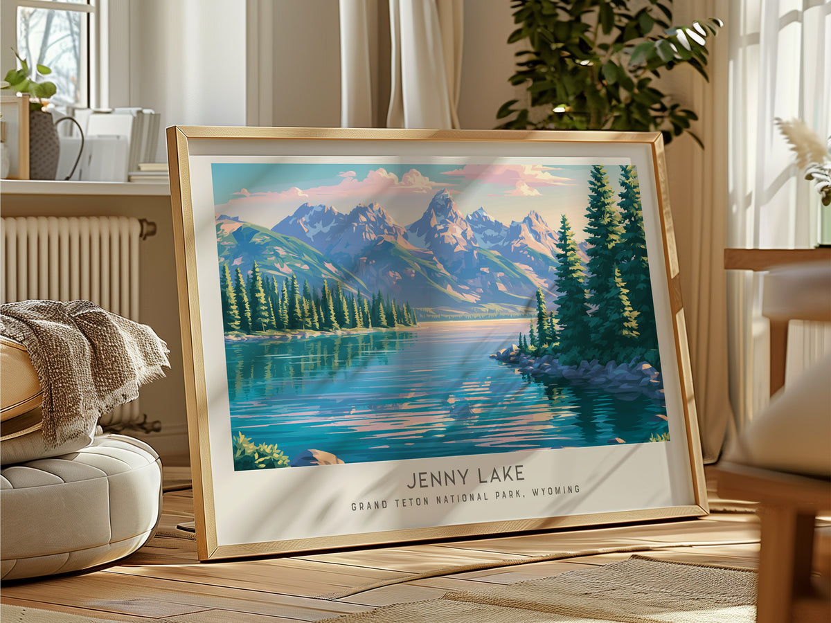 Jenny Lake Landscape Matte Border Poster | Grand Teton National Park, Wyoming Vacation Wall Art — framed and ready to hang