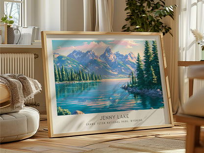 Jenny Lake Landscape Matte Border Poster | Grand Teton National Park, Wyoming Vacation Wall Art — framed and ready to hang