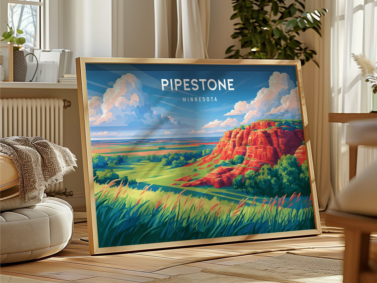 Pipestone, Minnesota Landscape Poster | Red Stone Bluffs Destination Print Wall Art — framed and ready to hang