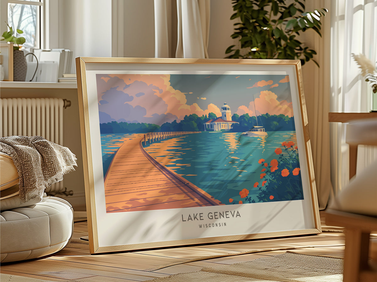 Lake Geneva Landscape Matte Border Poster | Wisconsin Vacation Wall Art — framed and ready to hang
