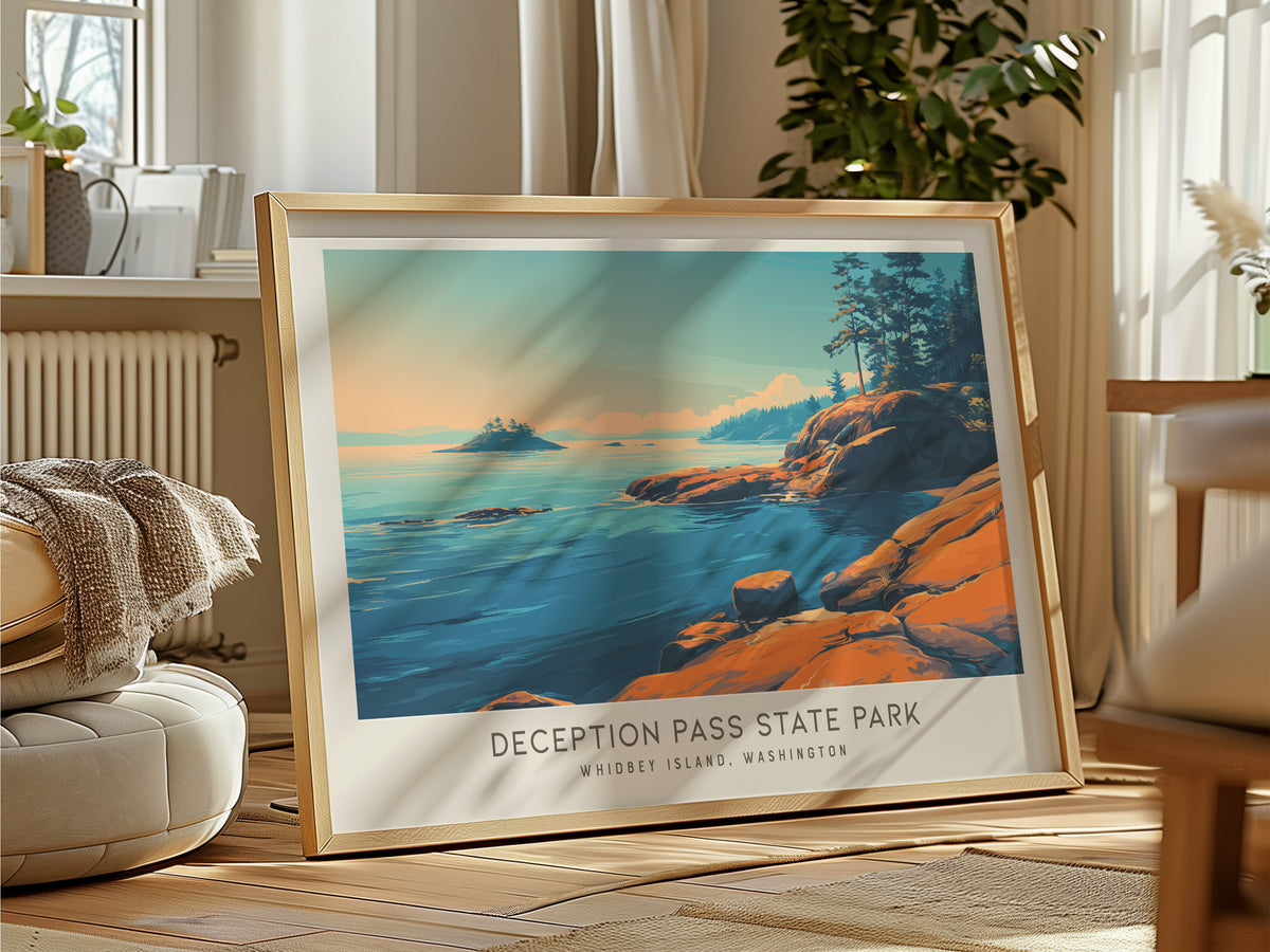 Deception Pass State Park Landscape Matte Border Poster | Whidbey Island, Washington Destination Print Travel Wall Art — fram