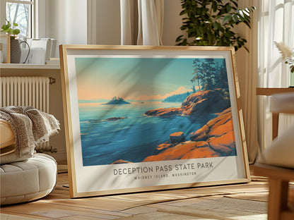 Deception Pass State Park Landscape Matte Border Poster | Whidbey Island, Washington Destination Print Travel Wall Art — fram