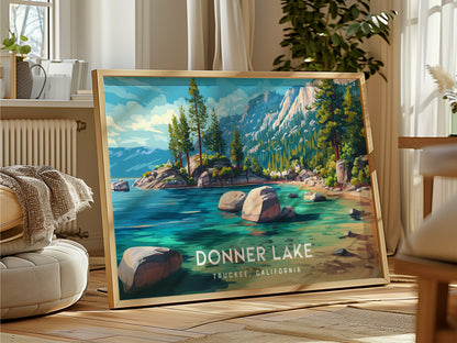 Donner Lake Landscape Poster | Truckee, California Vacation Wall Art — framed and ready to hang
