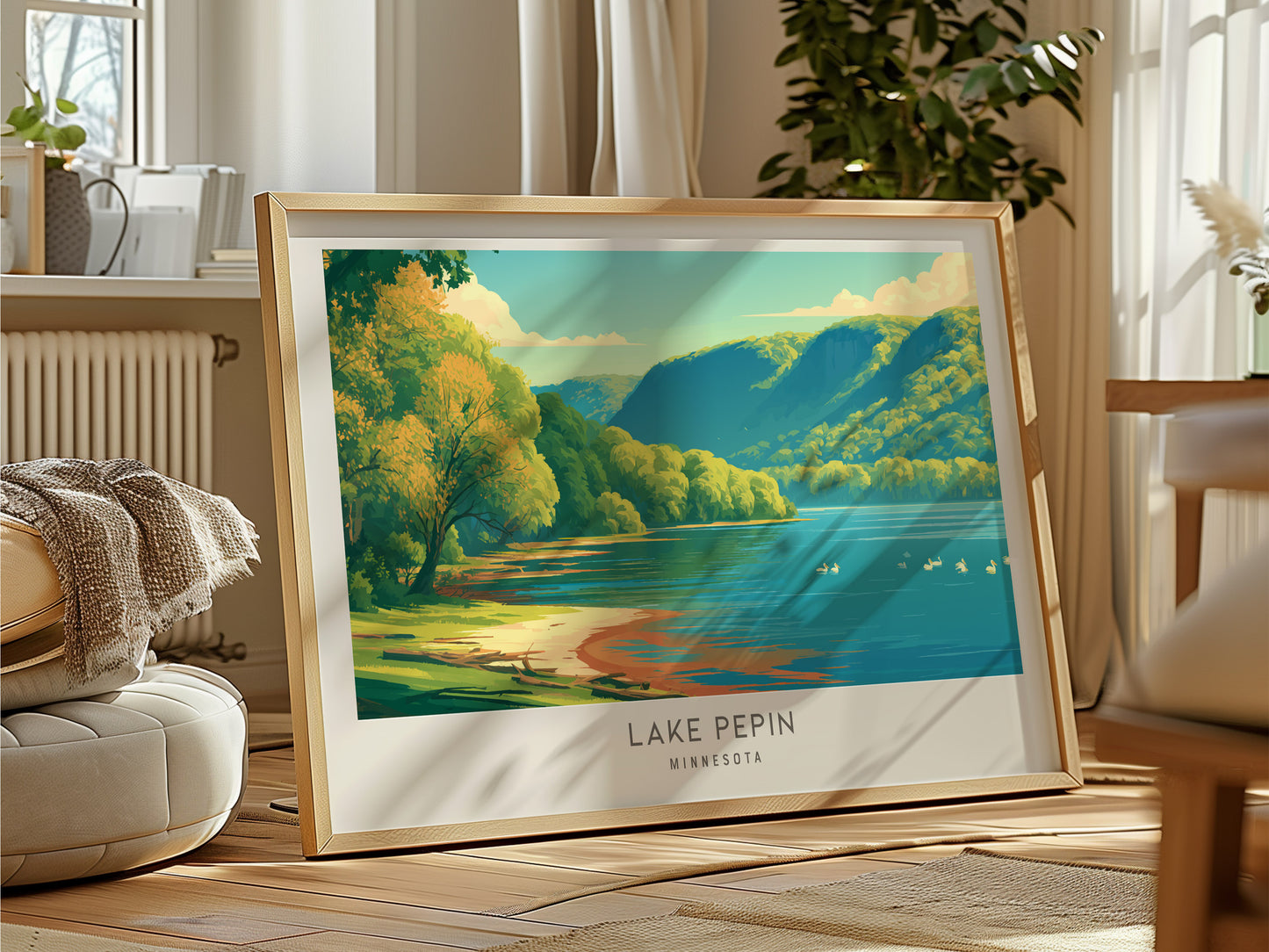 Lake Pepin Landscape Matte Border Poster | Minnesota Travel Gift Beach House Decor — framed and ready to hang