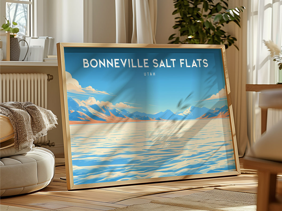 Bonneville Salt Flats Landscape Poster | Utah Endless White Expanse Travel Wall Art — framed and ready to hang