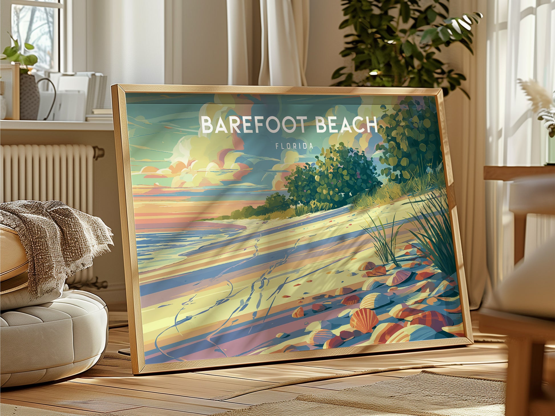 Barefoot Beach, Florida Poster | Tropical Shoreline Landscape Coastal Decor Wall Art — framed and ready to hang