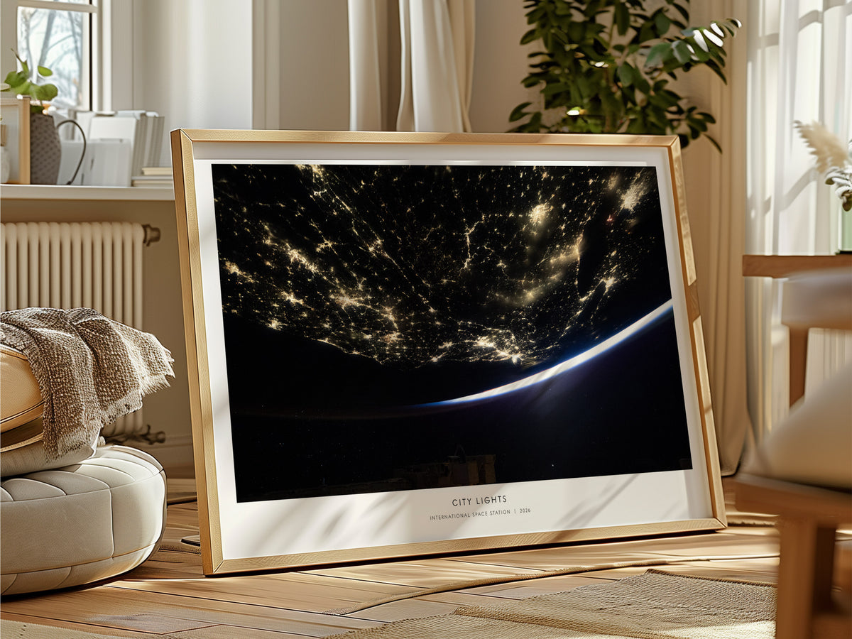 City Lights Landscape Poster | NASA International Space Station Astronomy Print Wall Art — framed and ready to hang