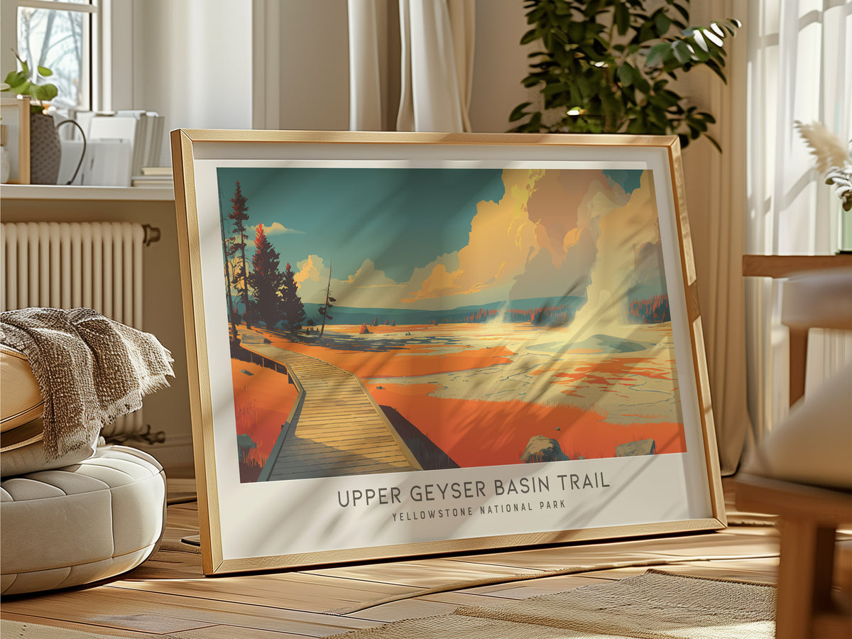 Upper Geyser Basin Trail Landscape Matte Border Poster | Yellowstone National Park Framed or Unframed Travel Gift — framed an