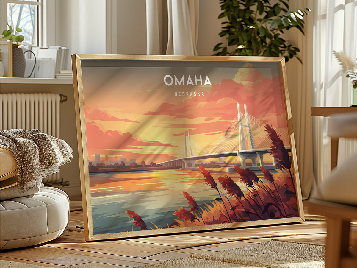 Omaha, Nebraska Landscape Poster | Midwest Cityscape Travel Gift Wall Art — framed and ready to hang