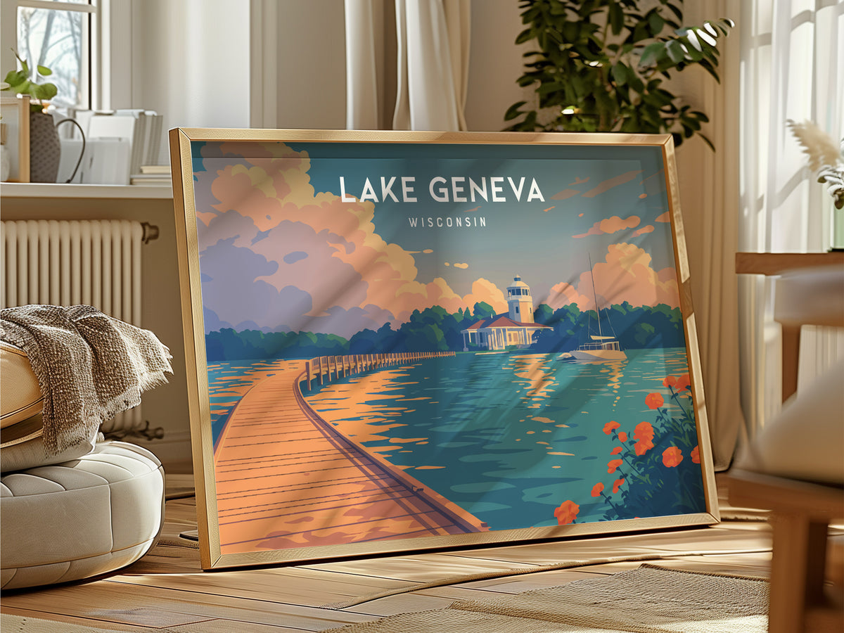 Lake Geneva, Wisconsin Landscape Poster | Lakefront Beauty Framed or Unframed Wall Art — framed and ready to hang