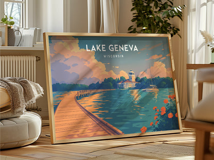 Lake Geneva, Wisconsin Landscape Poster | Lakefront Beauty Framed or Unframed Wall Art — framed and ready to hang