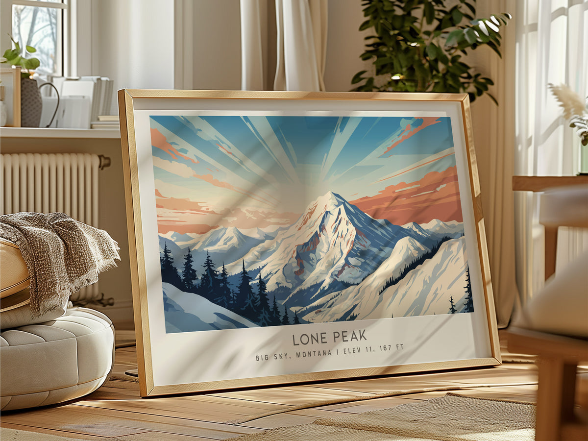 Lone Peak Landscape Matte Border Poster | Big Sky, Montana Travel Wall Art — framed and ready to hang
