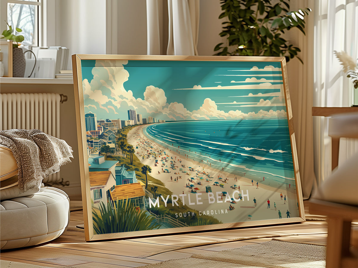 Myrtle Beach, South Carolina Landscape Poster | Coastal Beach Decor Wall Art — framed and ready to hang