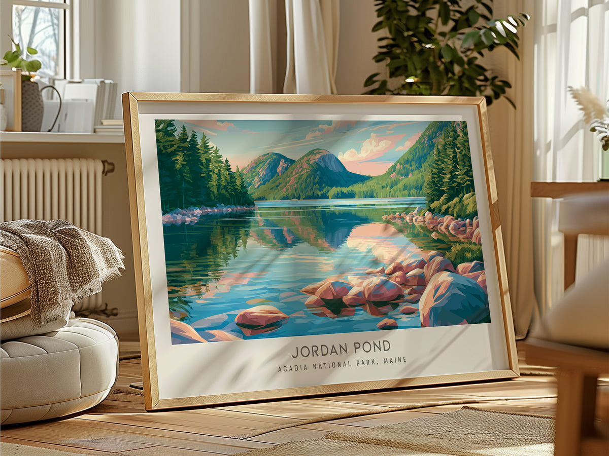 Jordan Pond Landscape Matte Border Poster | Acadia National Park, Maine Travel Wall Art — framed and ready to hang