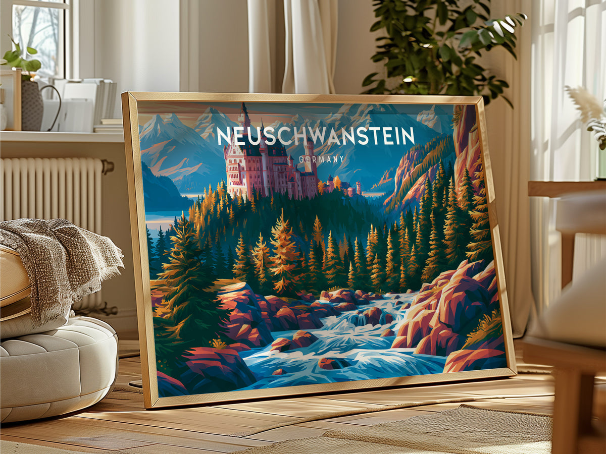 Neuschwanstein, Germany Landscape Poster | Alpine Castle Vacation Wall Art — framed and ready to hang