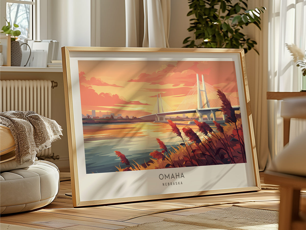 Omaha Landscape Matte Border Poster | Nebraska Framed or Unframed Vacation Wall Art — framed and ready to hang