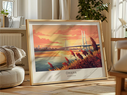 Omaha Landscape Matte Border Poster | Nebraska Framed or Unframed Vacation Wall Art — framed and ready to hang