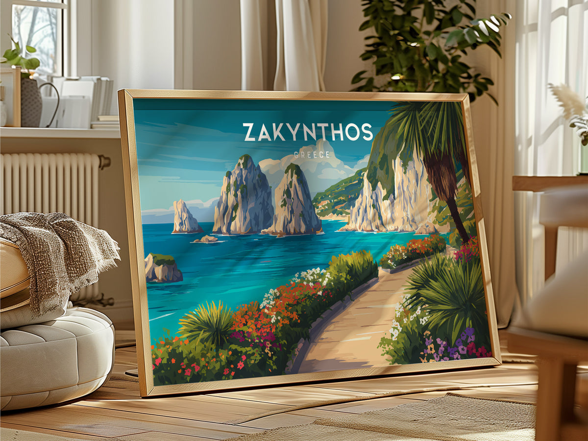 Zakynthos, Greece Landscape Poster | Navagio Beach Travel Gift Wall Art — framed and ready to hang