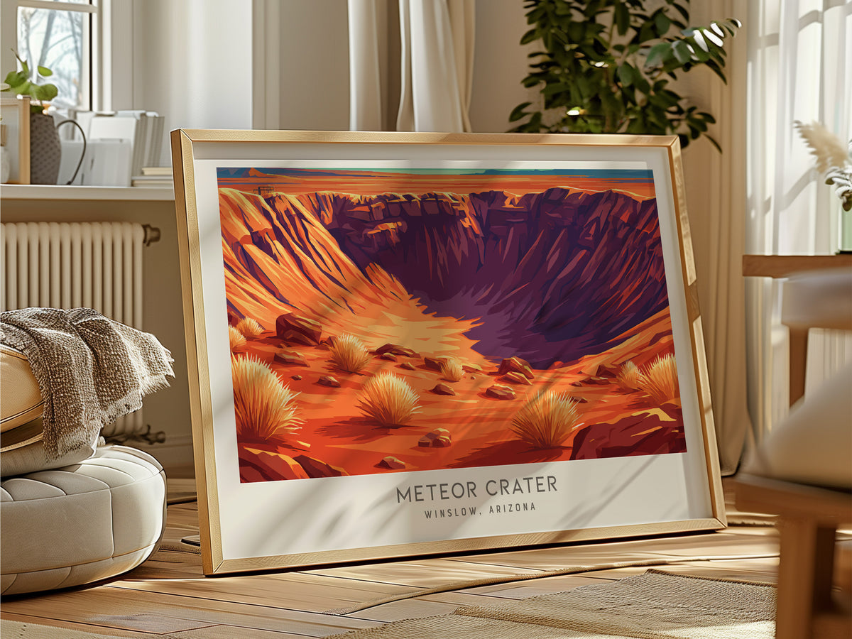 Meteor Crater Landscape Matte Border Poster | Winslow, Arizona Travel Gift — framed and ready to hang