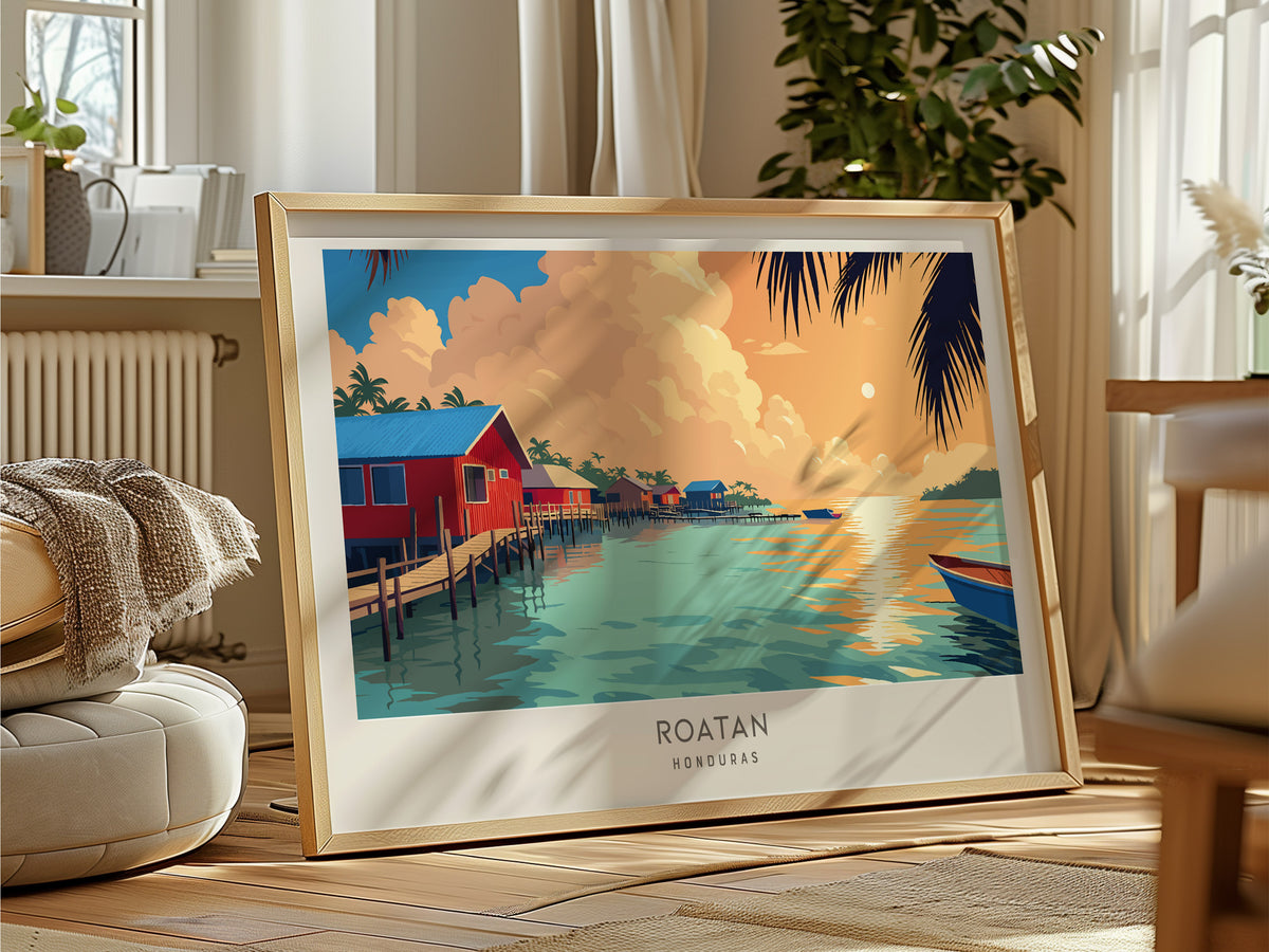 Roatan Landscape Matte Border Poster | Honduras Vacation Wall Art Beach House Decor — framed and ready to hang