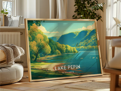 Lake Pepin, Minnesota Landscape Poster | Scenic Bluffs & Sailboats Vacation Wall Art — framed and ready to hang