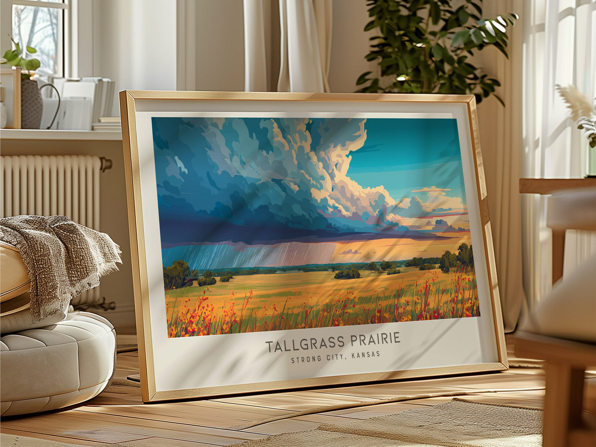 Tallgrass Prairie Landscape Matte Border Poster | Strong City, Kansas Framed or Unframed Travel Gift — framed and ready to ha