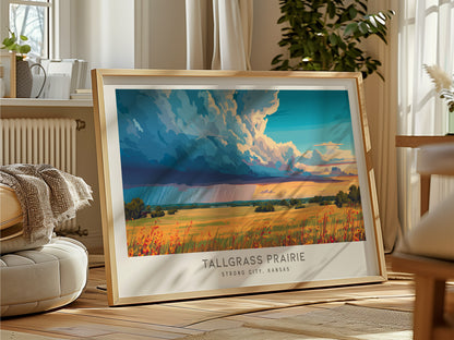 Tallgrass Prairie Landscape Matte Border Poster | Strong City, Kansas Framed or Unframed Travel Gift — framed and ready to ha