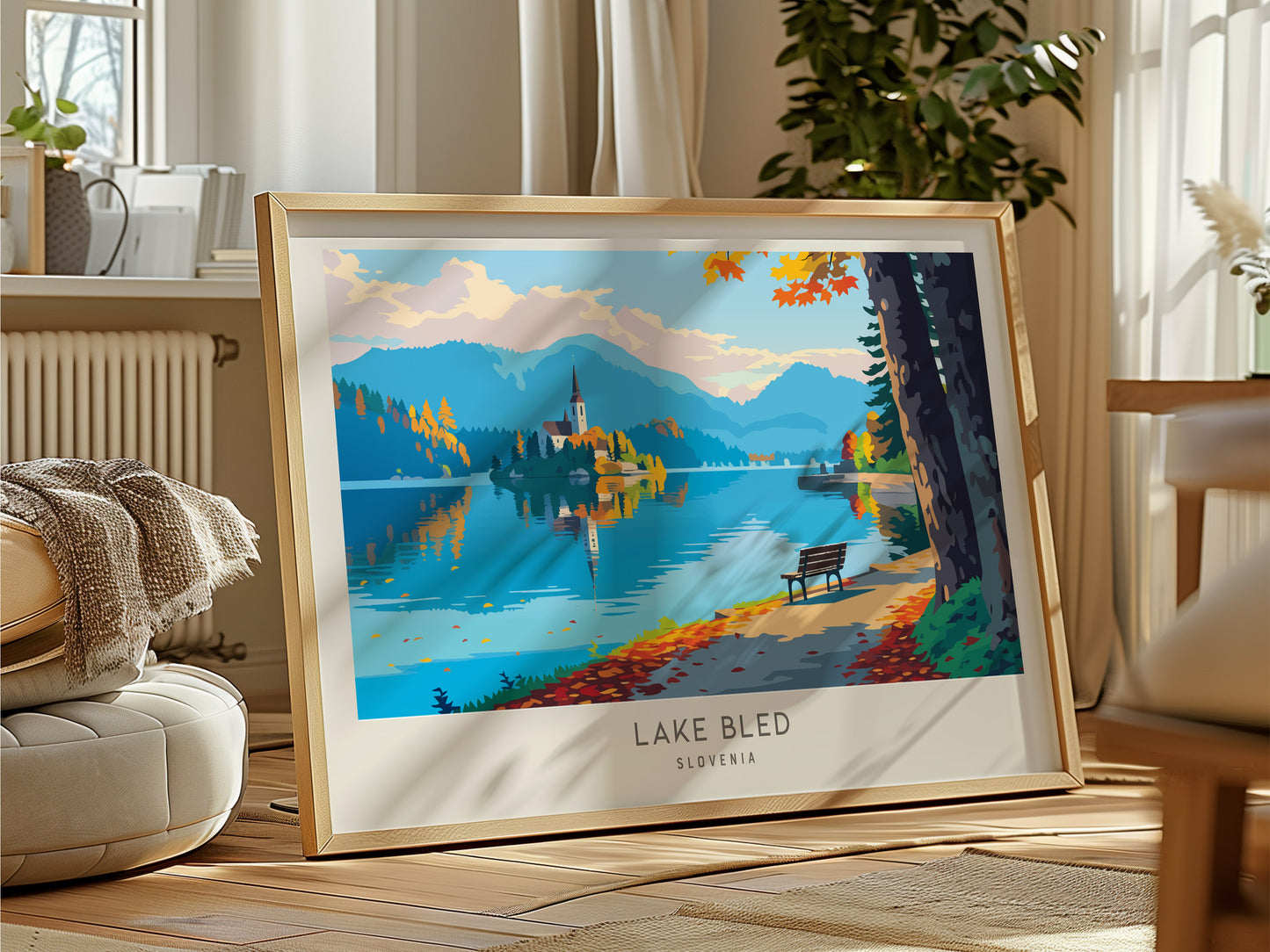 Lake Bled Landscape Matte Border Poster | Slovenia Framed or Unframed Travel Gift — framed and ready to hang
