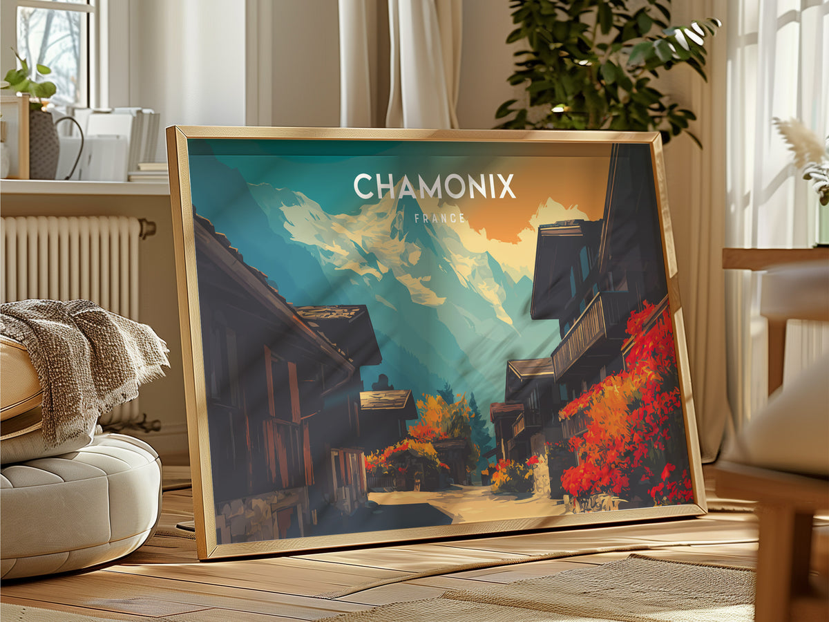 Chamonix, France Landscape Poster | Snow-Capped Alps Vacation Wall Art — framed and ready to hang