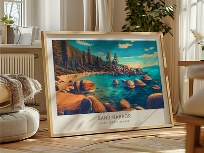 Sand Harbor Landscape Matte Border Poster | Lake Tahoe, Nevada Vacation Wall Art — framed and ready to hang