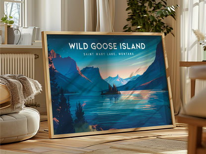 Wild Goose Island Landscape Poster | Saint Mary Lake, Montana Framed or Unframed Vacation Wall Art — framed and ready to hang