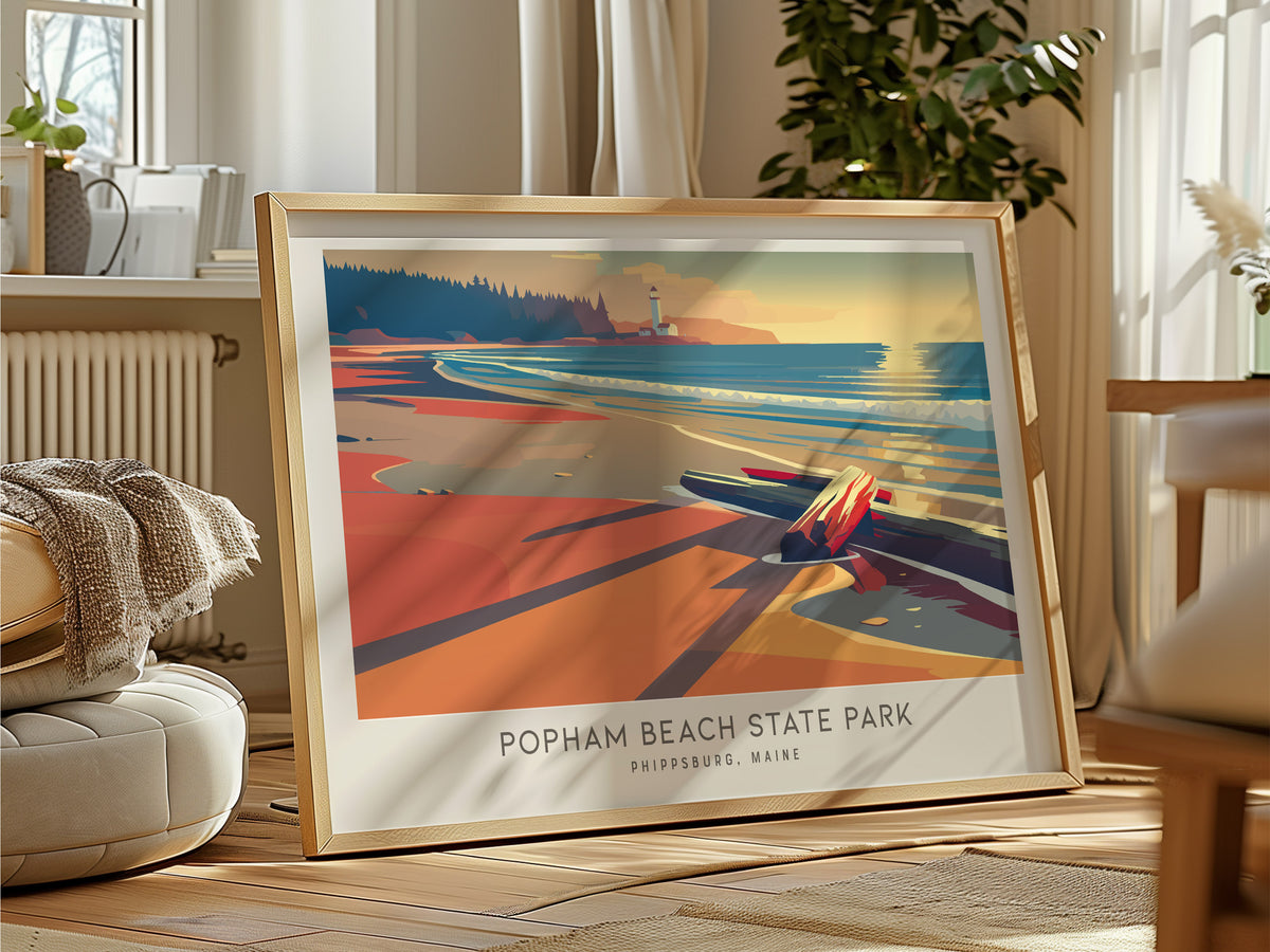 Popham Beach State Park Landscape Matte Border Poster | Phippsburg, Maine Travel Wall Art — framed and ready to hang