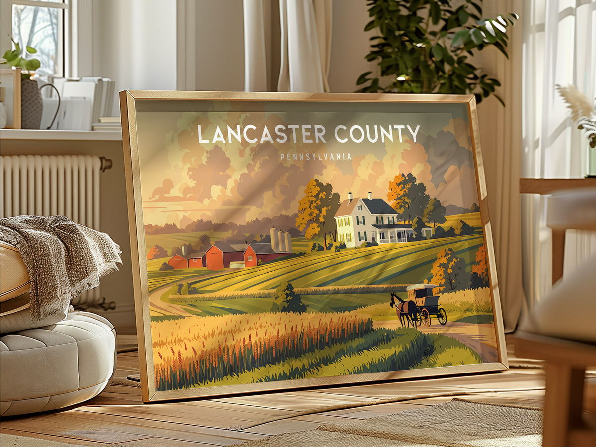 Lancaster County Landscape Poster | Pennsylvania Amish Country Framed or Unframed Wall Art — framed and ready to hang