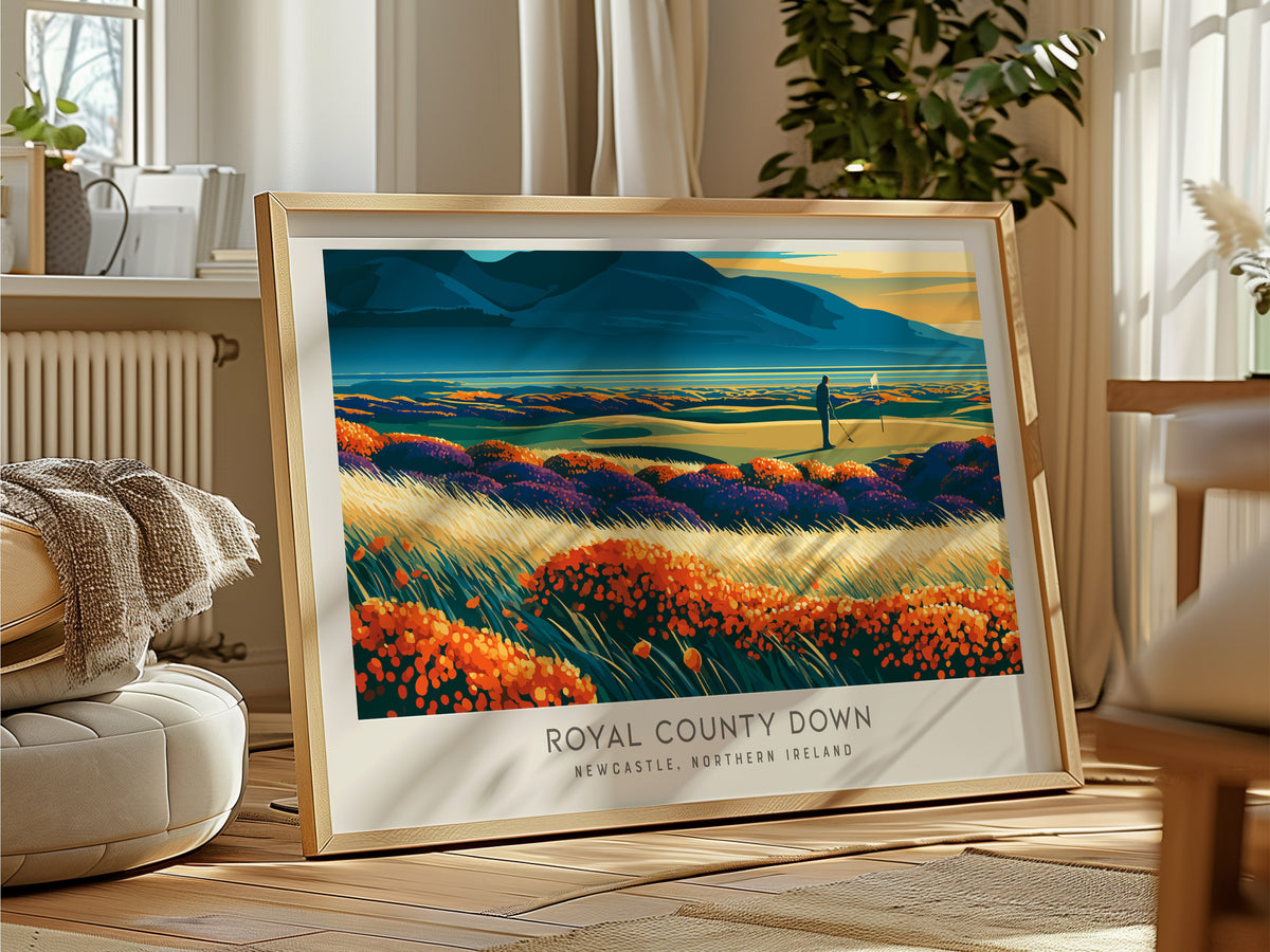 Royal County Down Landscape Matte Border Poster | Newcastle, Northern Ireland Travel Wall Art — framed and ready to hang