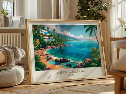 Puerto Vallarta Landscape Matte Border Poster | Mexico Coastal Beach Decor Framed or Unframed — framed and ready to hang