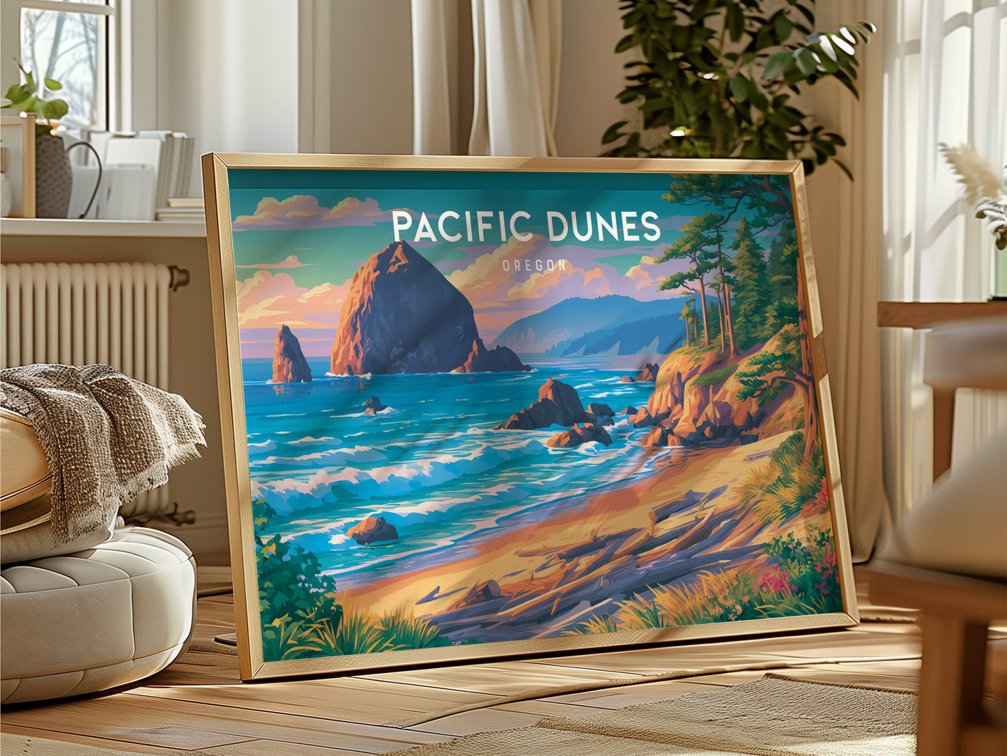 Pacific Dunes, Oregon Landscape Poster | Windswept Dunes Travel Wall Art — framed and ready to hang