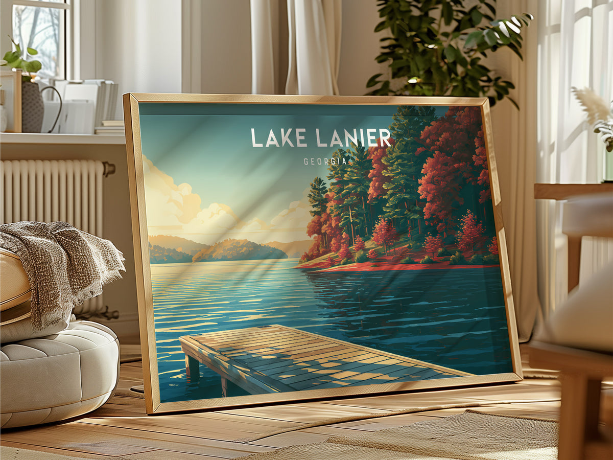 Lake Lanier, Georgia Landscape Poster | Scenic Lake House Beach House Decor Wall Art — framed and ready to hang