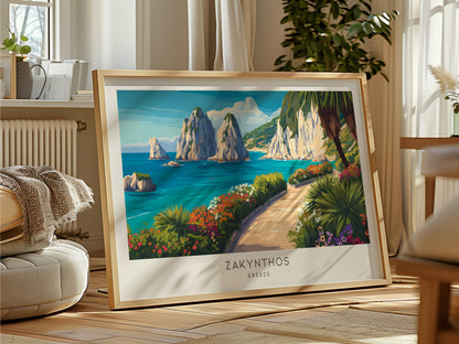 Zakynthos Zakyntos Landscape Matte Border Poster | Greece Coastal Beach Decor Vacation Wall Art — framed and ready to hang