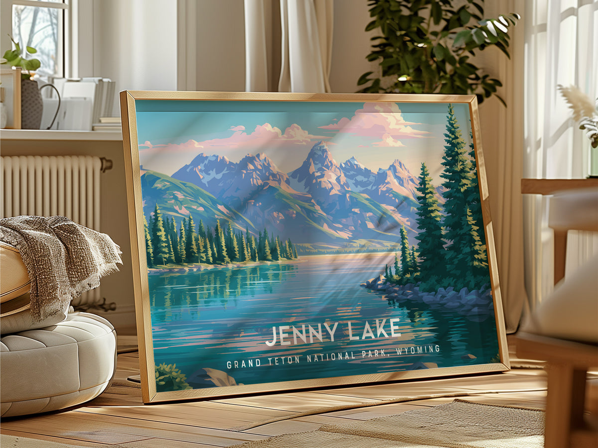 Jenny Lake Landscape Poster | Grand Teton National Park, Wyoming Framed or Unframed Travel Gift Wall Art — framed and ready t