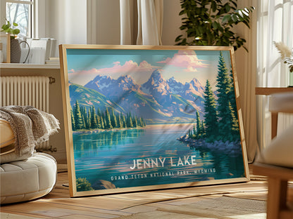 Jenny Lake Landscape Poster | Grand Teton National Park, Wyoming Framed or Unframed Travel Gift Wall Art — framed and ready t